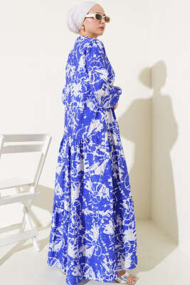 Batik Desen Yarım Düğmeli Elbise Saks - Tesettür Elbise