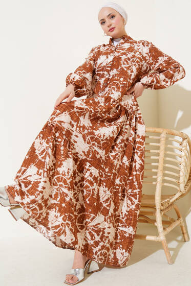 Batik Desen Yarım Düğmeli Elbise Taba - Elbise
