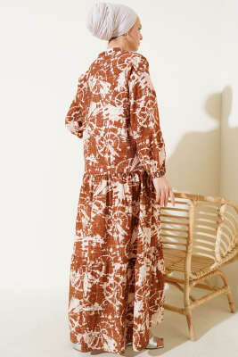 Batik Desen Yarım Düğmeli Elbise Taba - Tesettür Elbise