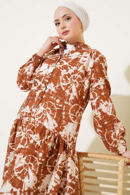 Batik Desen Yarım Düğmeli Elbise Taba - Tesettür Elbise