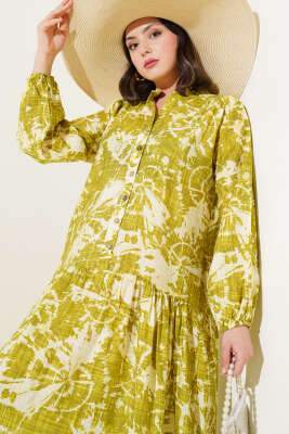 Batik Desen Yarım Düğmeli Elbise Yağ Yeşili - 700-1000 TL Ürünler