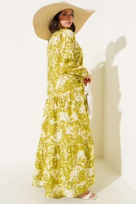 Batik Desen Yarım Düğmeli Elbise Yağ Yeşili - Tesettür Elbise