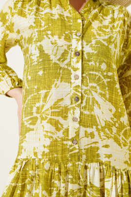 Batik Desen Yarım Düğmeli Elbise Yağ Yeşili - Tesettür Elbise