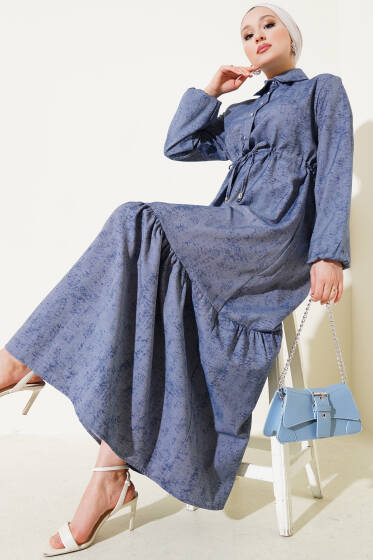 Batik Desen Yarım Taş Düğmeli Elbise Füme - Elbise