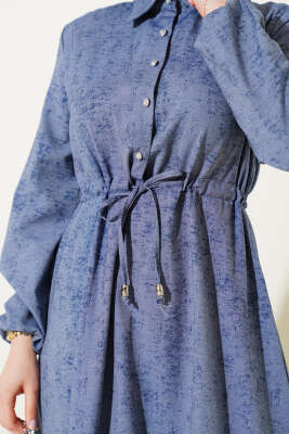 Batik Desen Yarım Taş Düğmeli Elbise Füme - Tesettür Elbise