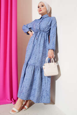 Batik Desen Yarım Taş Düğmeli Elbise Kot Mavisi