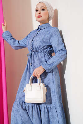 Batik Desen Yarım Taş Düğmeli Elbise Kot Mavisi - Tesettür Elbise