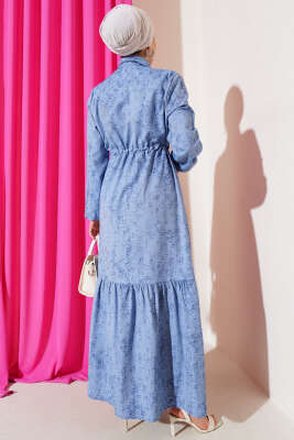 Batik Desen Yarım Taş Düğmeli Elbise Kot Mavisi - Tesettür Elbise