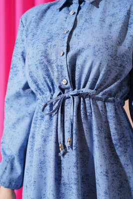 Batik Desen Yarım Taş Düğmeli Elbise Kot Mavisi - Tesettür Elbise