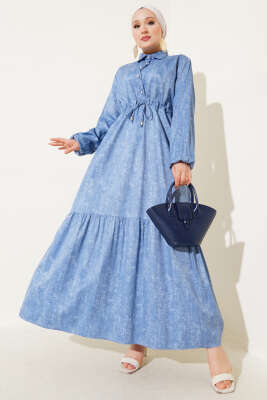 Batik Desen Yarım Taş Düğmeli Elbise Mavi 