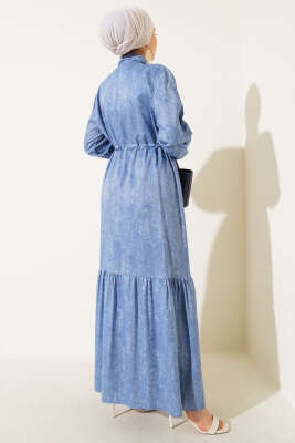 Batik Desen Yarım Taş Düğmeli Elbise Mavi - Tesettür Elbise