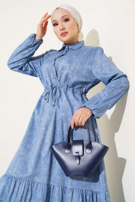 Batik Desen Yarım Taş Düğmeli Elbise Mavi - Tesettür Elbise