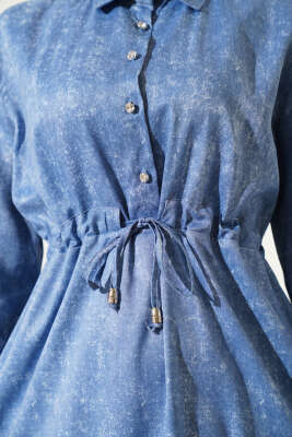 Batik Desen Yarım Taş Düğmeli Elbise Mavi - Tesettür Elbise