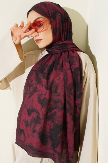 Batik Desenli Bambu Kraş Şal Bordo - Başörtüsü