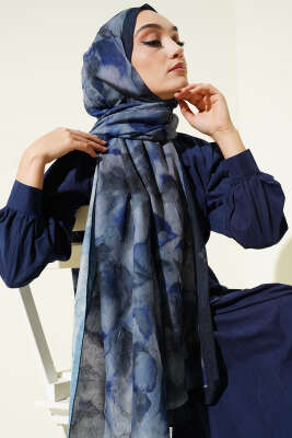 Batik Desenli Bambu Kraş Şal Saks - Başörtüsü