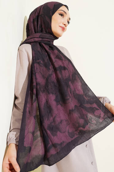 Batik Desenli Bambu Kraş Şal Siyah Bordo - Başörtüsü