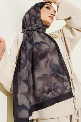 Batik Desenli Bambu Kraş Şal Siyah Haki - Başörtüsü