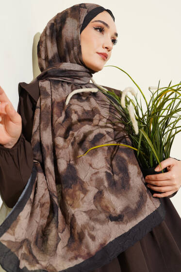 Batik Desenli Bambu Kraş Şal Siyah Vizon - Başörtüsü