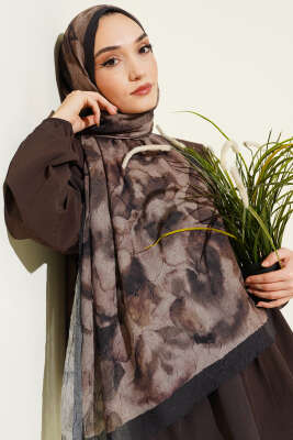 Batik Desenli Bambu Kraş Şal Siyah Vizon - Başörtüsü