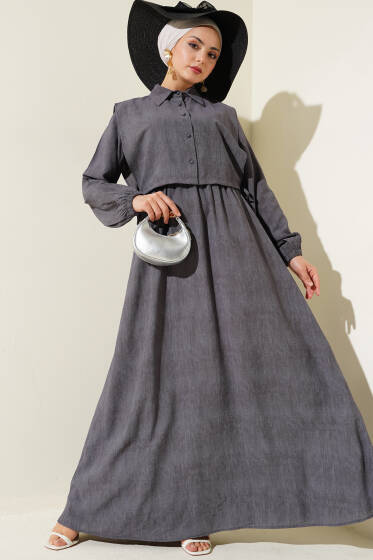 Batik Desenli Bolerolu Elbise Füme - Elbise