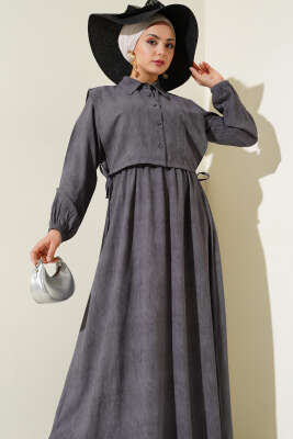 Batik Desenli Bolerolu Elbise Füme - Tesettür Elbise