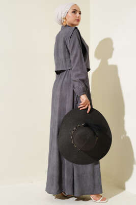 Batik Desenli Bolerolu Elbise Füme - Tesettür Elbise