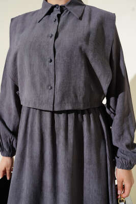 Batik Desenli Bolerolu Elbise Füme - Tesettür Elbise