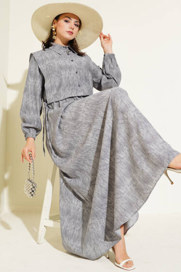 Batik Desenli Bolerolu Elbise Gri - Elbise