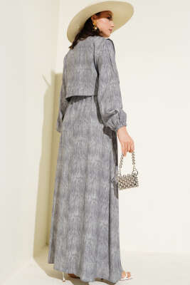 Batik Desenli Bolerolu Elbise Gri - Tesettür Elbise