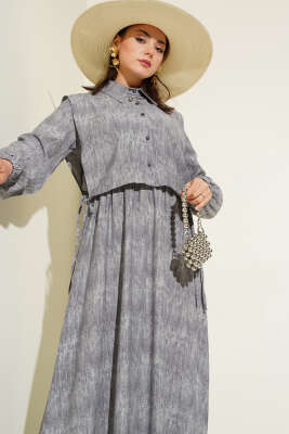 Batik Desenli Bolerolu Elbise Gri - Tesettür Elbise