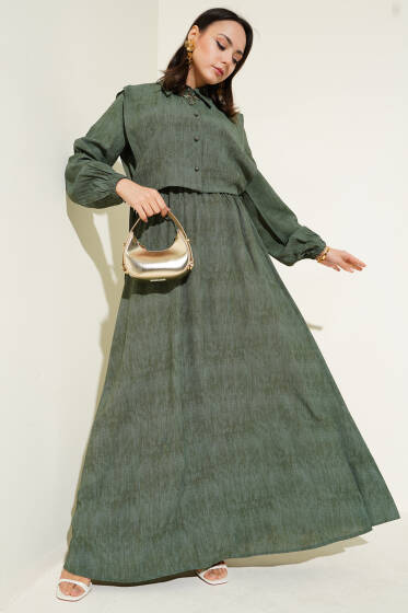 Batik Desenli Bolerolu Elbise Haki - Elbise