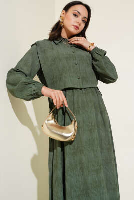 Batik Desenli Bolerolu Elbise Haki - Tesettür Elbise