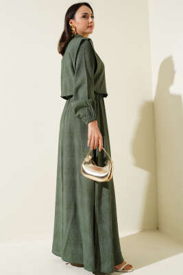 Batik Desenli Bolerolu Elbise Haki - Tesettür Elbise