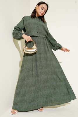 Batik Desenli Bolerolu Elbise Haki - Tesettür Elbise