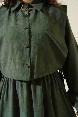 Batik Desenli Bolerolu Elbise Haki - Tesettür Elbise