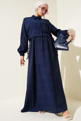 Batik Desenli Bolerolu Elbise Lacivert 