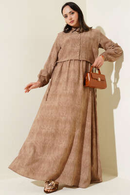 Batik Desenli Bolerolu Elbise Latte 