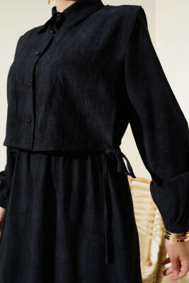 Batik Desenli Bolerolu Elbise Siyah - Tesettür Elbise