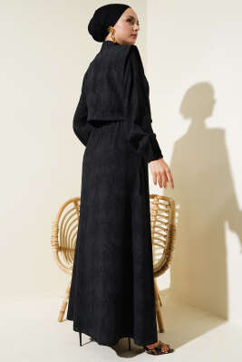 Batik Desenli Bolerolu Elbise Siyah - Tesettür Elbise