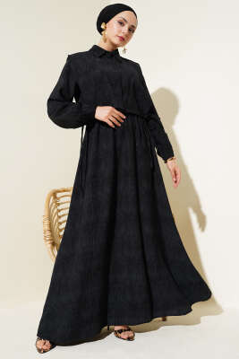 Batik Desenli Bolerolu Elbise Siyah - Tesettür Elbise