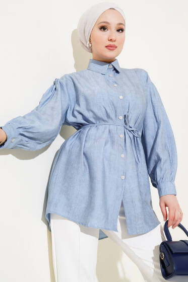 Batik Desenli Kuşaklı Gömlek Bebe Mavi - Gömlek