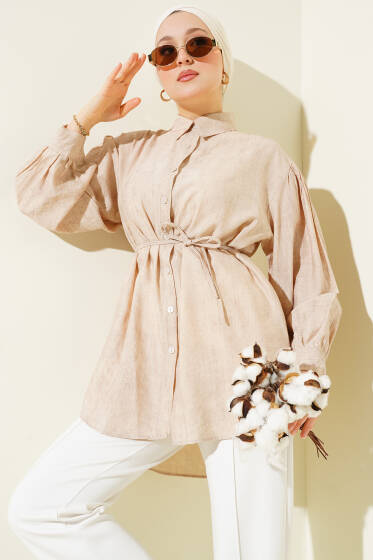 Batik Desenli Kuşaklı Gömlek Bej - Gömlek