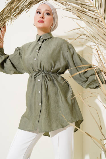 Batik Desenli Kuşaklı Gömlek Haki - Gömlek