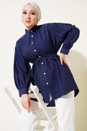 Batik Desenli Kuşaklı Gömlek Lacivert - Gömlek