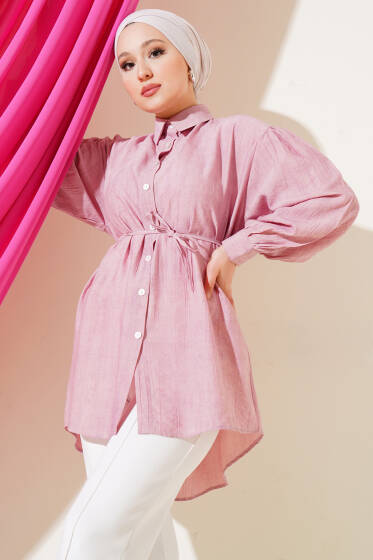 Batik Desenli Kuşaklı Gömlek Pudra - Gömlek