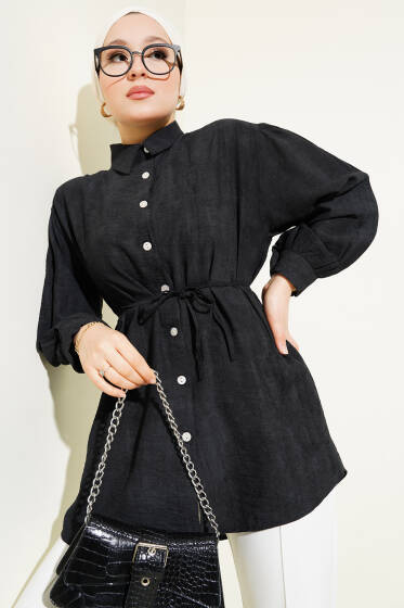 Batik Desenli Kuşaklı Gömlek Siyah - Gömlek