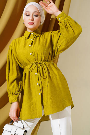 Batik Desenli Kuşaklı Gömlek Yağ Yeşili - Gömlek