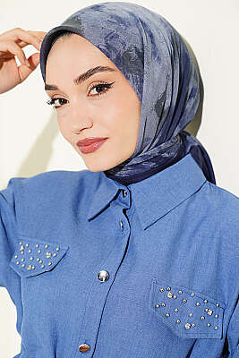 Batik Desenli Soft Eşarp Lacivert Mavi - Başörtüsü
