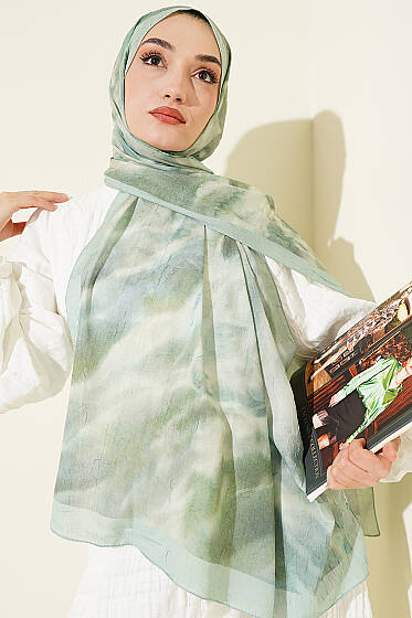 Batik Ebruli Bambu Kraş Şal Su Yeşili - Başörtüsü