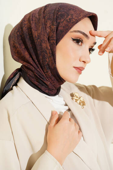 Batik Motifli Modal Eşarp Kestane - Başörtüsü